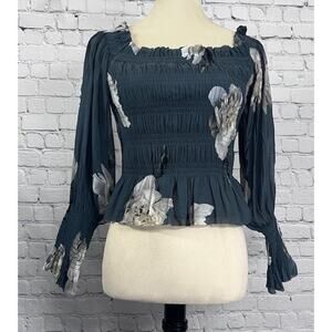 All Saints Lara Cordelia Off Shoulder Smocked Blouse Top Gray Blue Floral Size 4